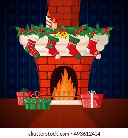 Christmas Card with fireplace and socks in flat style. Vector illustration.