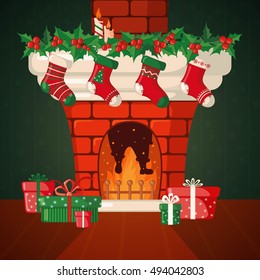 Christmas Card with fireplace and Christmas socks in flat style. Vector illustration.