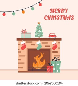 Christmas card. Fireplace with socks and a Christmas tree. Winter holidays attributes. New Year flat illustration.