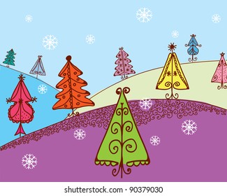 Christmas card with firs cartoon
