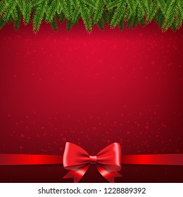 Christmas Card With Firtree Border And Bow With Gradient Mesh, Vector Illustration