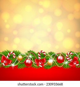 Christmas card with fir-tree decoration on golden background
