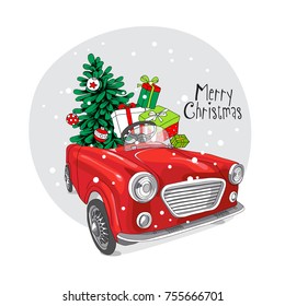 Christmas card. Fir-tree and gifts in a red car. Vector illustration.