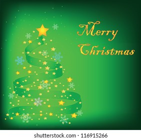 Christmas card with a fir-tree, with snowflakes and stars