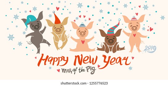 Christmas card with five cute cartoon pigs in holiday hats. Funny pigs dancing on the background of snowflakes and hearts. Happy New Year! Year of the Pig 2019.
