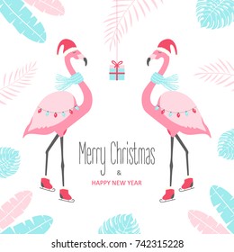 Christmas card with flamingo. Vector illustration