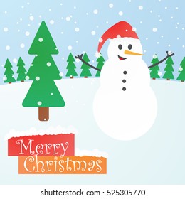 Christmas card in flat design with cute snowman with red hat and fir tree