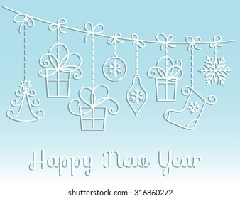 Christmas card flat design. Gift, Christmas tree, snowflake, ornaments. Vector illustration.