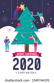 Christmas card in flat style. Small people decorate big Christmas tree. New year and Christmas greeting card concept. Vector illustration