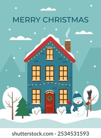 Christmas card in flat style. Winter house with snowman and trees. Christmas poster.