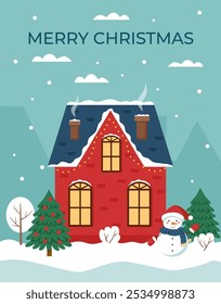 Christmas card in flat style. Winter house with snowman and Christmas tree. Christmas poster.