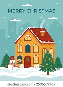 Christmas card in flat style. Winter house with snowman and Christmas tree. Christmas poster.