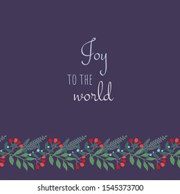 Christmas card with floral garland on a purple background. Greeting card vector floral design. Merry christmas card.