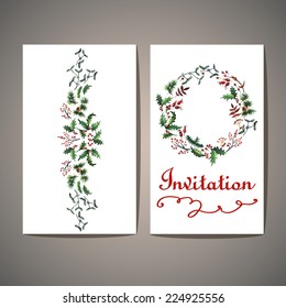 Christmas card with floral motifs.  Watercolor. Christmas decor. Illustration for greeting cards, invitations, and other printing projects.