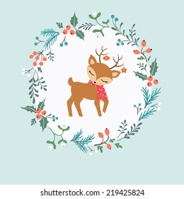 Christmas Card With Floral Wreath, Cute Deer And Place For Your Text.