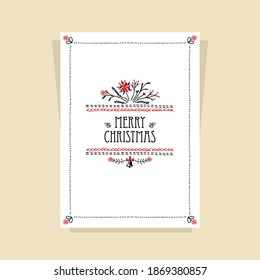 Christmas Card with Christmas  Flower made by drawing hand stitch in black red on white for invitation or congratulation Merry Christmas or for  celebration winter holidays 