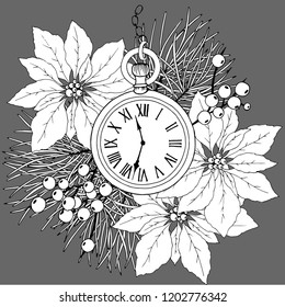 Christmas card with flowers, Christmas trees and clock in black and white
