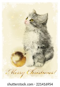 Christmas card  with fluffy kitten and golden ball. Vintage style.