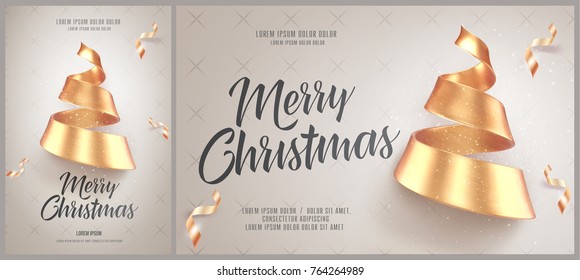 Christmas card or flyer and poster template with golden christmas tree made of ribbon. Vector illustration