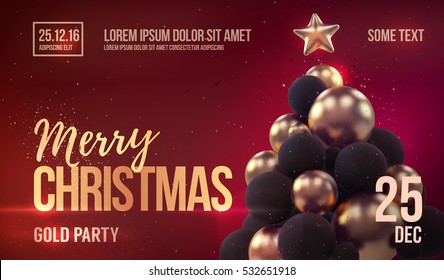 Christmas card or flyer template with golden christmas tree. Vector illustration