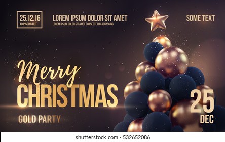 Christmas card or flyer template with golden christmas tree. Vector illustration