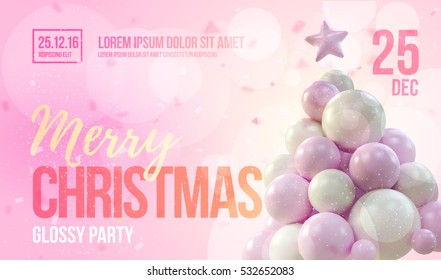 Christmas card or flyer template with pink christmas tree made in gentle colors. Vector illustration