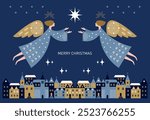 Christmas card. Flying Christmas angels above Night City