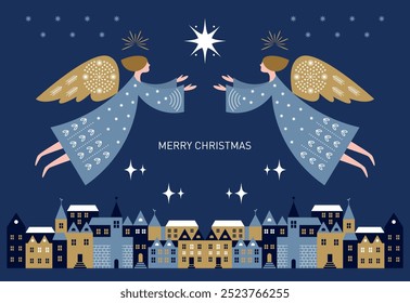 Christmas card. Flying Christmas angels above Night City