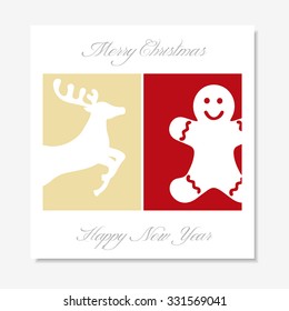 Christmas card with flying reindeer and gingerbread silhouette on red and gold background. Gift card with merry Christmas and happy new year label text. Modern and minimal style cover for wishes.