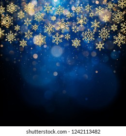 Christmas Card With Foiled Gold Snow Flake. Golden Decoration On Blue Winter Background. EPS 10