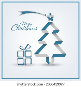 Tarjeta de Navidad con árbol de papel plegado y estrella en diseño azul