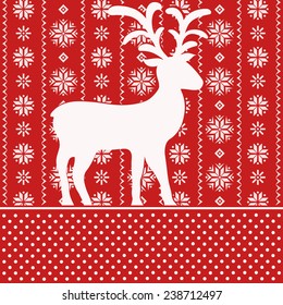 Christmas card with folk reindeer. Red and white background decorated northern ornament with silhouette animal. Scandinavian style. Vector illustration.