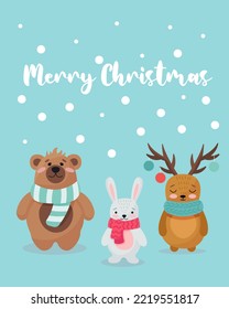 Christmas card with forest animals. Cute forest winter animals characters, bear, hare, deer. Cute forest animals in knitted warm scarves