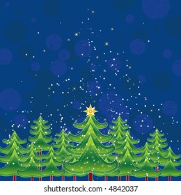 christmas card  with forest of pine and snowflakes in the sky,vector illustration