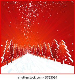 christmas card  with forest of pine and snowflakes on the red  background, vector illustration