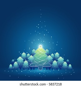 christmas card  with forest of pine and snowflakes in the blue  background, vector illustration