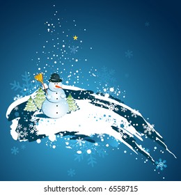 christmas card  with forest of pine, snowman and snowflakes in the blue sky, vector illustration