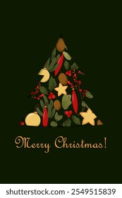 Christmas card in the form of a Christmas tree cut out of paper, on a green background, with natural and New Year's elements, greeting card, banner