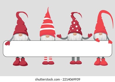 Christmas card. Four gnomes with blank sign