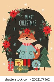 Christmas card with fox and gifts