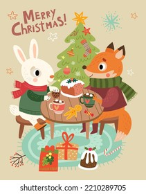 Christmas card. Fox and hare on holiday