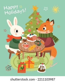 Christmas card. Fox and hare on holiday
