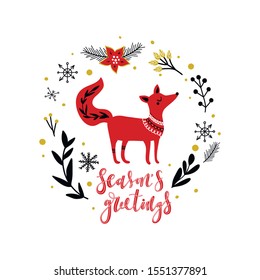 Christmas card with fox and wreath