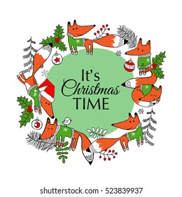 Christmas card. Foxes in sweaters, Xmas trees and branches in the circle on a green background. Vector illustration.