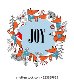 Christmas card. Foxes in sweaters, Xmas trees and branches in the circle on a blue background. Vector illustration.