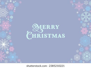 Christmas card with frame of blue and violet snowflakes with Merry Christmas holiday greeting.