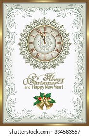 Christmas card in a frame with clock and bells