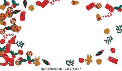 Christmas card frame with empty space for wishes. Gingerbread, orange, Christmas tree decorations, branches, gift boxes, sock, holly berries. Vector illustration