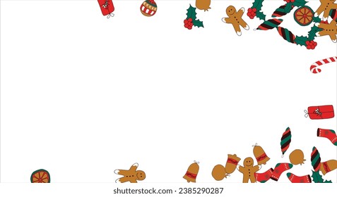 Christmas card frame with empty space for wishes. Gingerbread, orange, Christmas tree decorations, branches, gift boxes, sock, holly berries. Vector illustration