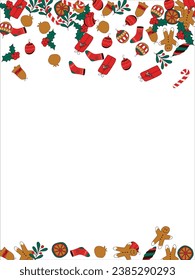 Christmas card frame with empty space for wishes. Gingerbread, orange, Christmas tree decorations, branches, gift boxes, sock, holly berries. Vector illustration
